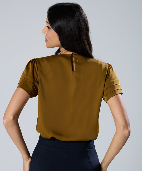 Neck And Sleeve Pleated  Brown Top